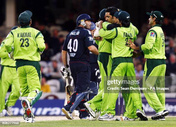 Pakistan bowler Umar Gul celebrates bowling England's Michael Yardy LBW during the Third One Day International at the Brit Insurance Oval, London.