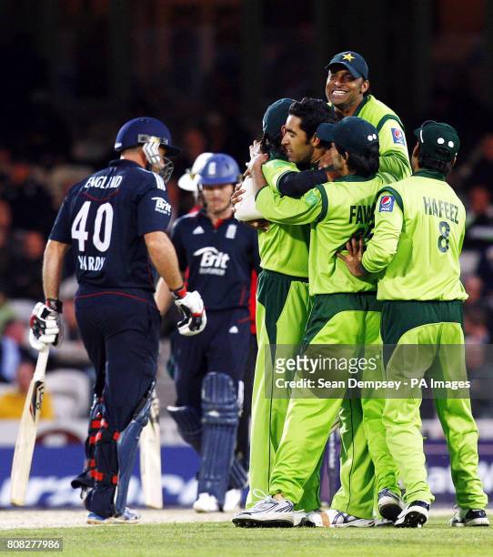 Pakistan bowler Umar Gul celebrates bowling England's Michael Yardy LBW during the Third One Day International at the Brit Insurance Oval, London.