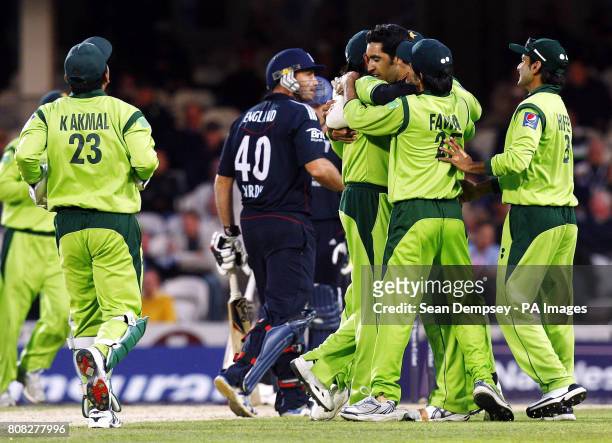 Pakistan bowler Umar Gul celebrates bowling England's Michael Yardy LBW during the Third One Day International at the Brit Insurance Oval, London.