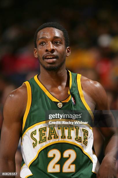 Jeff Green of the Seattle SuperSonics looks on during the NBA game against the Golden State Warriors on April 16, 2008 at Oracle Arena in Oakland,...