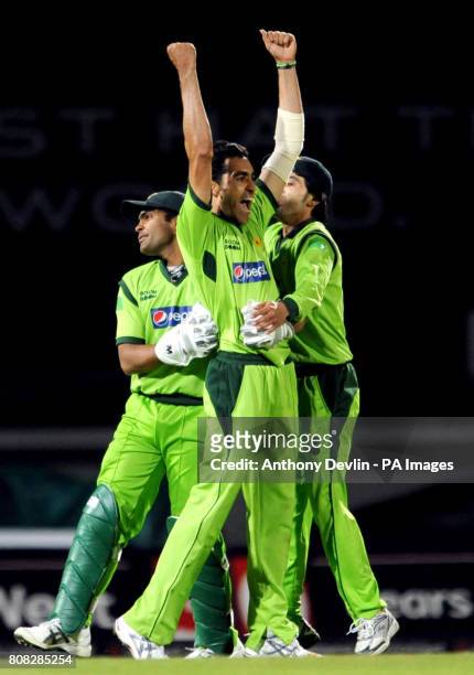 Pakistan's Umar Gul celebrates bowling out England's Luke Wright and taking his fifth wicket during the Third One Day International at the Brit...