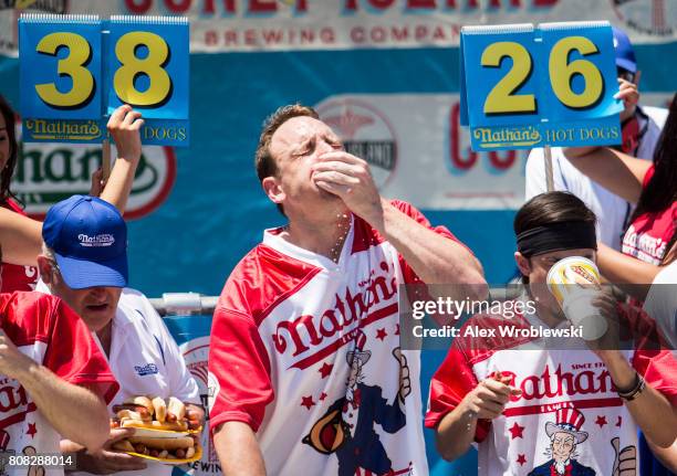 Joey Chestnut and Matt Stonie compete in the 2017 Nathan's Famous International Hot Dog Eating Contest at Coney Island on July 4, 2017 in the...