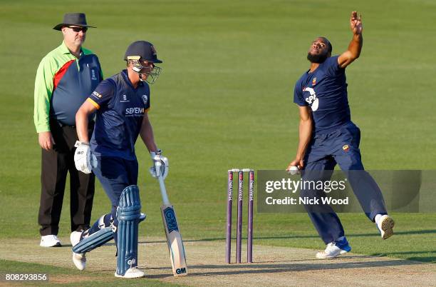 Mervyn Westfield of Premier League XI in bowling action during the Essex Eagles v Premier League XI - cricket match at the Cloudfm County Ground on...