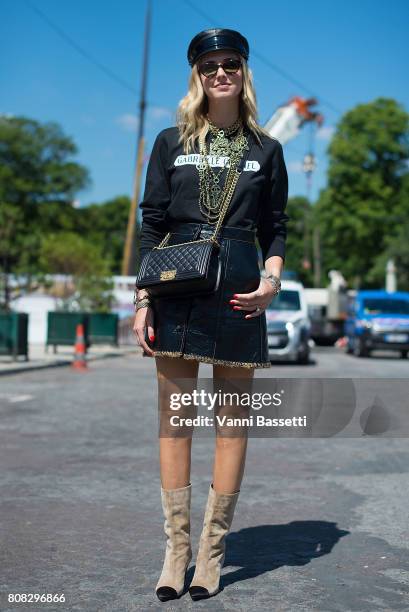 Chiara Ferragni poses wearing Chanel after the Chanel show at the Grand Palais during Paris Fashion Week Haute Couture FW 17/18 on July 4, 2017 in...