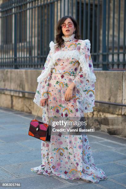 Eleonora Carisi poses after the Ulyana Sergeenko show at the Lycee Henri IV during Paris Fashion Week Haute Couture FW 17/18 on July 4, 2017 in...