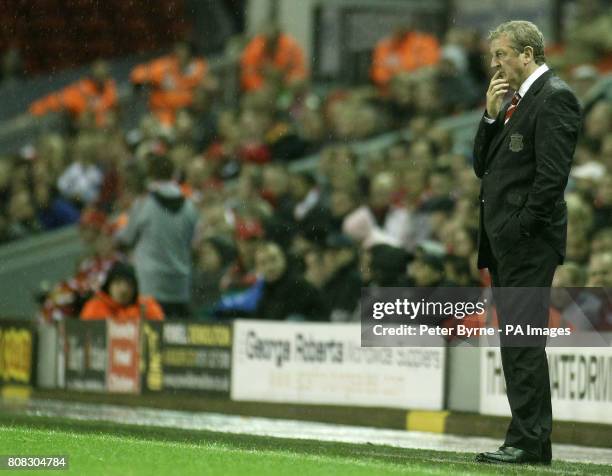 Liverpool manager Roy Hodgson gestures on the touchline during the third round Carling Cup match at Anfield, Liverpool.