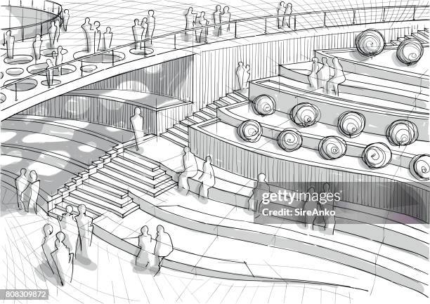 hand drawn black and white landscape architecture - perspective drawing stock illustrations