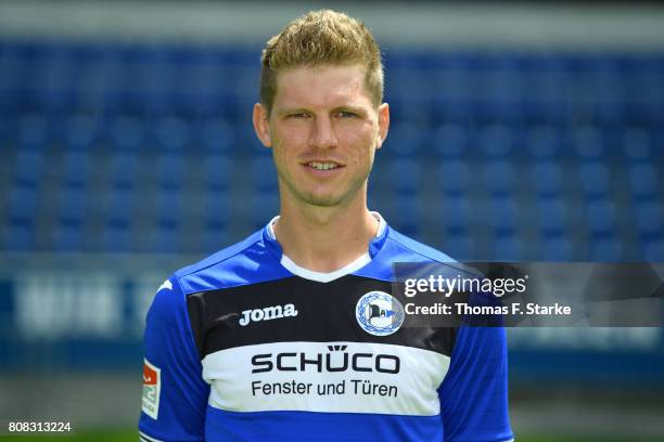 Fabian Klos poses during the Second Bundesliga team presentation of Arminia Bielefeld at Schueco Arena on July 4, 2017 in Bielefeld, Germany.