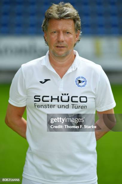 Head coach Jeff Saibene poses during the Second Bundesliga team presentation of Arminia Bielefeld at Schueco Arena on July 4, 2017 in Bielefeld,...