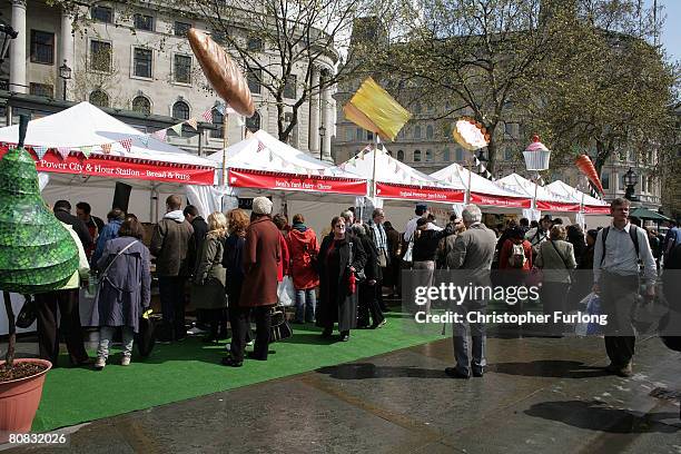 Food stalls sell authentic English food during the festivities on Saint George's Day in Trafalgar Square on April 23, 2008 in London, England. The...