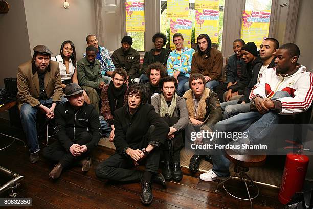 Hard-fi , Roll Deep, Drew McConnel, Jay Sean and Jerry Hammers pose for pictures at the launch of Love Music Hate Racism at The Crown on April 23,...