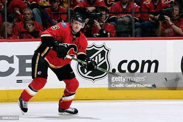 Dion Phaneuf of the Calgary Flames skates against the San Jose Sharks during game six of the 2008 NHL Stanley Cup Playoffs conference quarter-final...