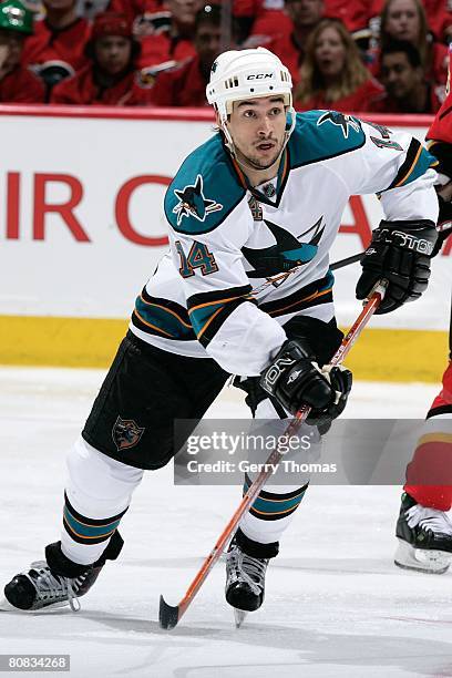 Jonathan Cheechoo of the San Jose Sharks skates against the Calgary Flames during game six of the 2008 NHL Stanley Cup Playoffs conference...