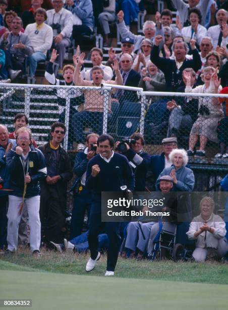 Spanish golfer Seve Ballesteros after playing a pitch shot onto the 18th green during the British Open Golf Championship held at Royal Lytham and St...