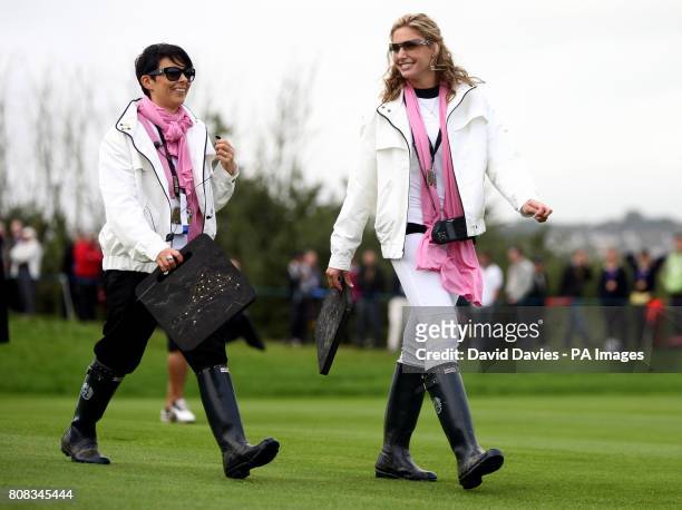 Laurae Westwood and girlfriend of Martin Kaymer Allison Micheletti during the afternoon foresomes during the Ryder Cup at Celtic Manor, Newport.