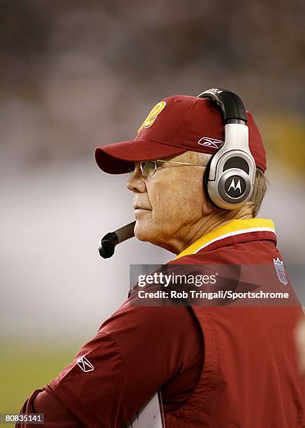 Joe Gibbs head coach of the Washington Redskins looks on against the Philadelphia Eagles at Lincoln Financial Field on September 17, 2007 in...