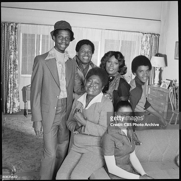 Portrait of the cast of the television show 'Good Times,' Los Angeles, California, late 1970s. Pictured are, front row, American actresses Esther...