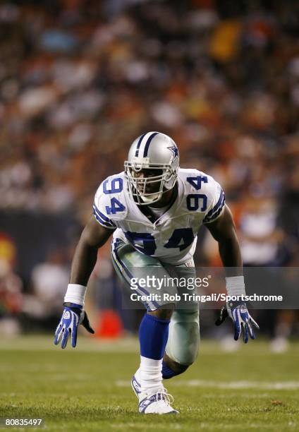 DeMarcus Ware of the Dallas Cowboys defends against the Chicago Bears at Soldier Field on September 23, 2007 in Chicago, Illinois. Cowboys won 34-10.