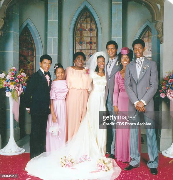 Portrait of the cast of the television show 'Good Times,' Los Angeles, California, August 3, 1978. Pictured from left, all in formal wedding attire,...