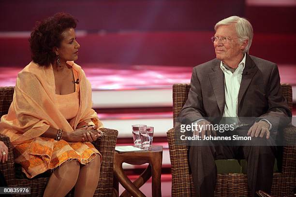 German actor Karlheinz Boehm is seen with his wife Almaz during the telecast "Congratulations Karlheinz Boehm - A Life For Africa" at Bavaria Film...