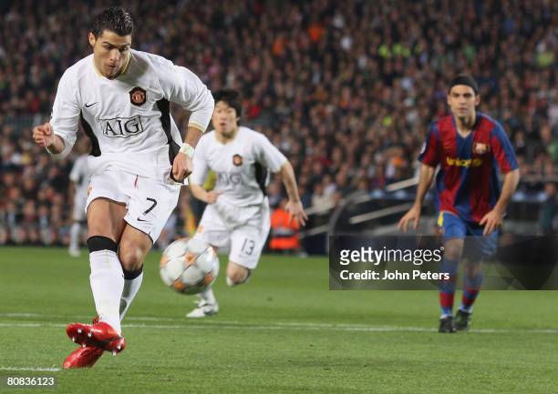 Cristiano Ronaldo of Manchester United takes a penalty during the UEFA Champions League Semi-Final First Leg match between Barcelona and Manchester...