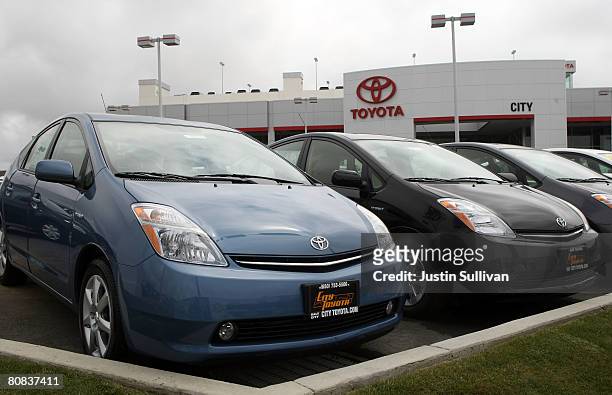 Brand new Toyota Prius hybrid cars are displayed at City Toyota April 23, 2008 in Daly City, California. Toyota surpassed General Motors in global...