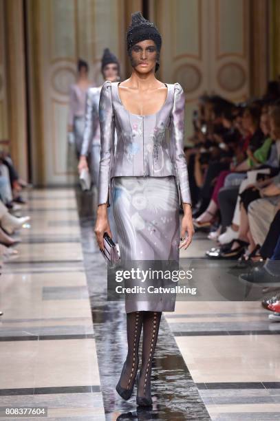 Model walks the runway at the Giorgio Armani Prive Autumn Winter 2017 fashion show during Paris Haute Couture Fashion Week on July 4, 2017 in Paris,...