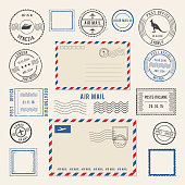 Vector illustrations of letters and postmarks, airmail designs. Antique stamps