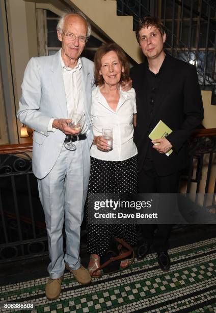 Michael Frayn, Claire Tomalin and Daniel Kehlmann attend the press night after party for "The Mentor" at Browns, Covent Garden, on July 4, 2017 in...