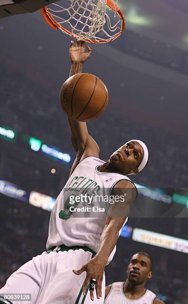 Rajon Rondo of the Boston Celtics dunks the ball in the first quarter against the Atlanta Hawks during Game Two of the Eastern Conference...