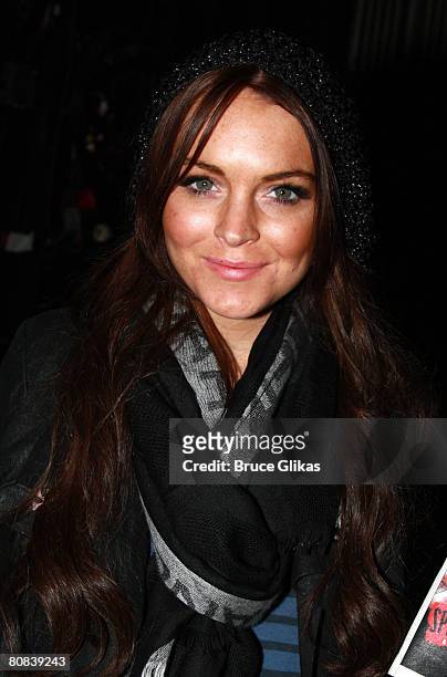 Actress Lindsay Lohan poses as she visits backstage at The Hit Musical "Spring Awakening" on Broadway at The Eugene O'Neill Theater on March 7, 2008...