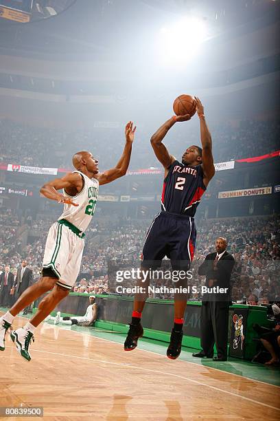 Joe Johnson of the Atlanta Hawks shoots against Ray Allen of the Boston Celtics in Game Two of the Eastern Conference Quarterfinals during the 2008...