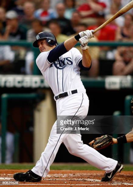 Infielder Evan Longoria of the Tampa Bay Rays fouls off a pitch against the Toronto Blue Jays during the game on April 23, 2008 at Champions Stadium...
