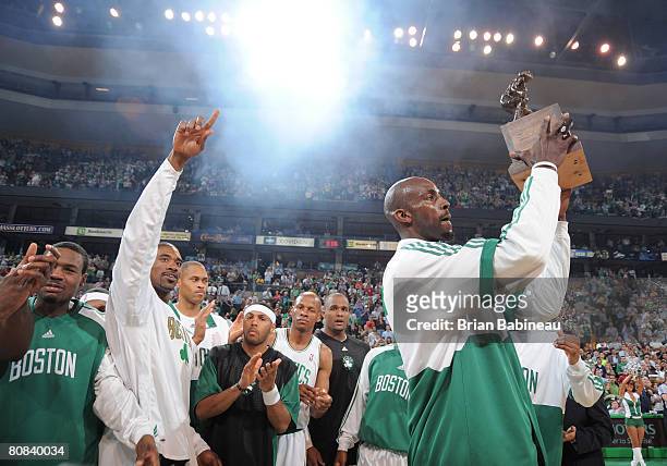 Kevin Garnett of the Boston Celtics receives the defensive play award before the game against the Atlanta Hawks in Game Two of the Eastern Conference...