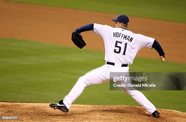 Pitcher Trevor Hoffman of the San Diego Padres throws against the San Francisco Giants during the ninth inning April 23, 2008 at Petco Park in San...