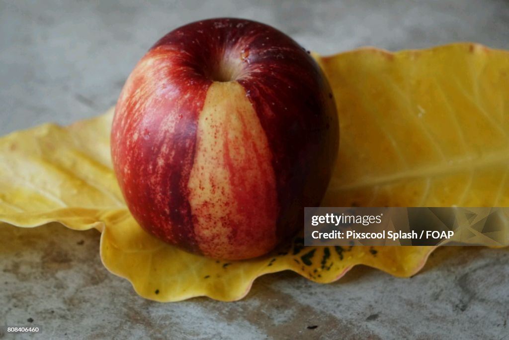 Red apple on dry leaf