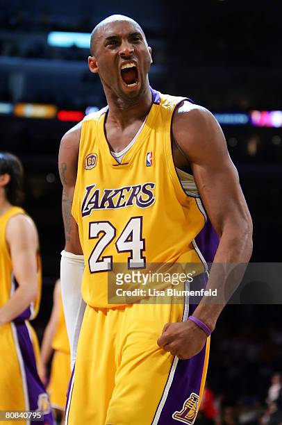 Kobe Bryant of the Los Angeles Lakers reacts in the fourth quarter against the Denver Nuggets in Game Two of the Western Conference Quarterfinals...