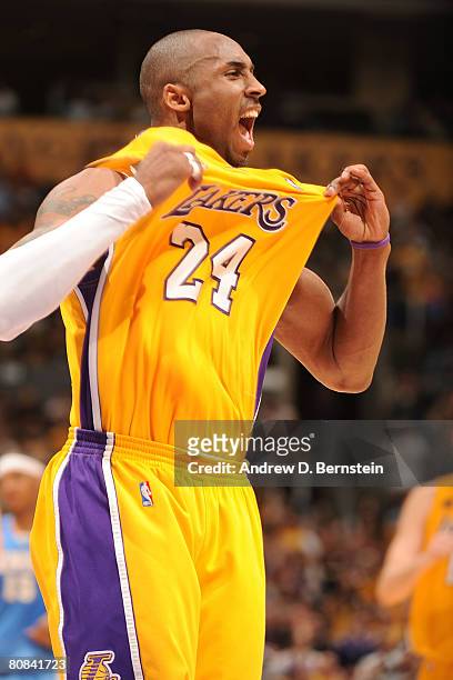Kobe Bryant of the Los Angeles Lakers reacts during the fourth quarter of Game Two of the Western Conference Quarterfinals against the Denver Nuggets...