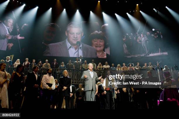 Cameron Mackintosh during the curtain call of the Les Miserables - Anniversary performance at the O2 in London.