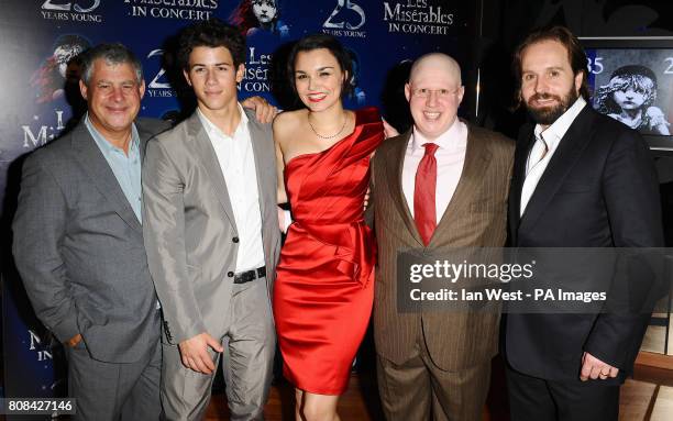 Cameron Mackintosh, Nick Jonas, Samantha Barks, Matt Lucas and Alfie Boe at the after party of Les Miserables - Anniversary performance at the O2 in...