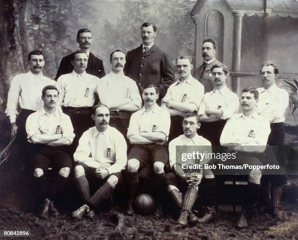 England team group prior to the match against Scotland that was played at Ibrox Park on the 2nd April 1892. England won the match 4-1. Back Row, Left...
