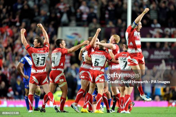 Wigan Warriors celebrate winning the engage Super League Grand Final at Old Trafford