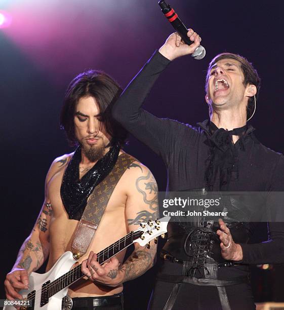 Musicians Dave Navarro and Perry Farrell of Jane's Addiction perform at the NME Awards USA at the El Rey Theatre on April 23, 2008 in Los Angeles,...