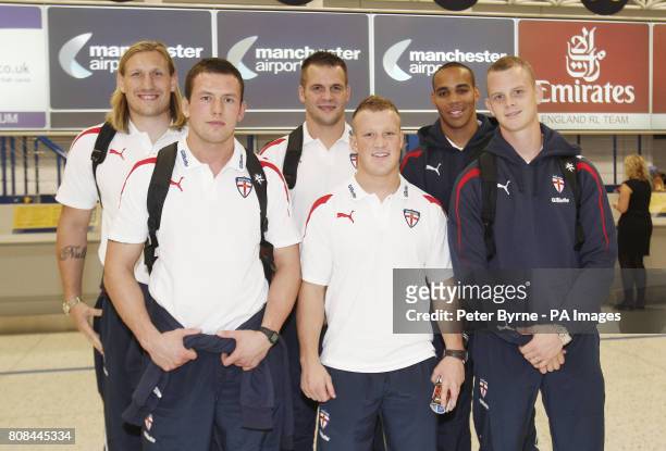 England's Eorl Crabtree, Shaun Lunt, Darrell Griffin, Luke Robinson, Leroy Cudjoe and Kevin Brown at Terminal 1 at Manchester Airport, Manchester.