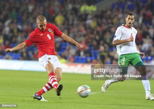 Wales' Steve Morison has an effort on goal