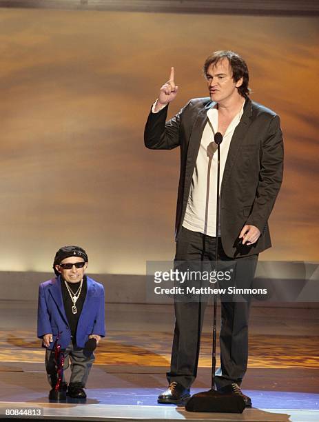 Verne Troyer and Quentin Tarantino present an award at the 2008 JCPenney Asian Excellence Awards at UCLA's Royce Hall on April 24, 2008 in Westwood,...