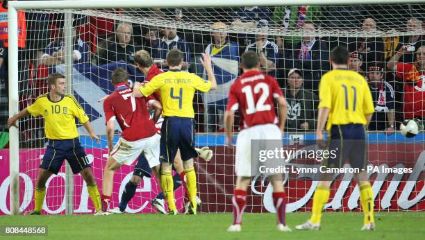 Czech Republic's Roman Hubnik scores the winning goal during the European Championship Qualifier, Group I match at the Synot Tip Arena, Prague.