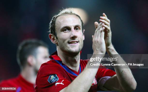 Czech Republic's Roman Hubnik celebrates during the European Championship Qualifier, Group I match at the Synot Tip Arena, Prague.