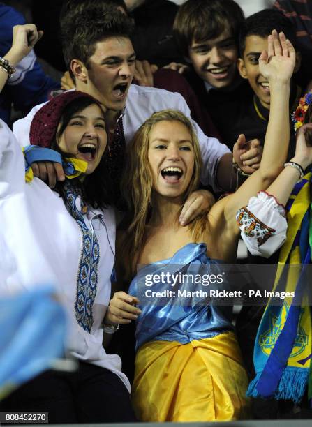 Ukraine fans show their support in the stands during the International Friendly at Pride Park, Derby.