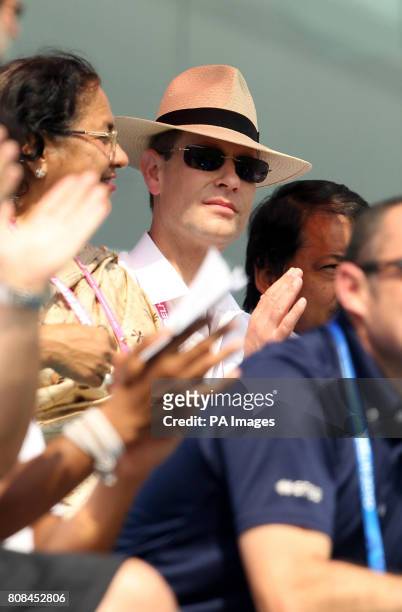 Prince Edward watches the action from the quarter finals in the Rugby 7's during Day Nine of the 2010 Commonwealth Games at the Delhi University...